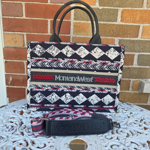 Montana West Handbags - Montana West Aztec Canvas Tote Bag Western Boho Crossbody Black Red